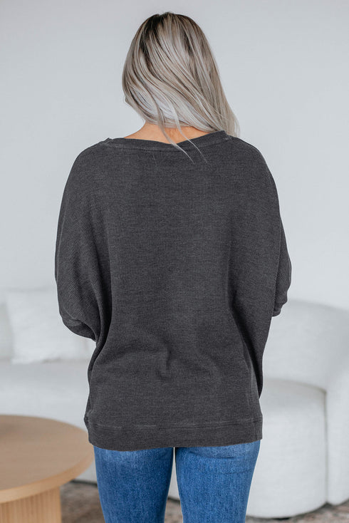 Waffle Knit Drop Shoulder Wide Crewneck Banded Hem Loose Fit Top